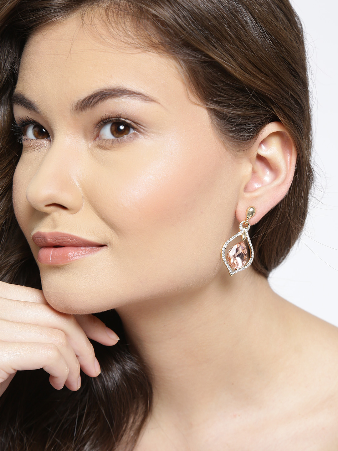YouBella Off-White  Pink Gold-Plated Teardrop Shaped Drop Earrings